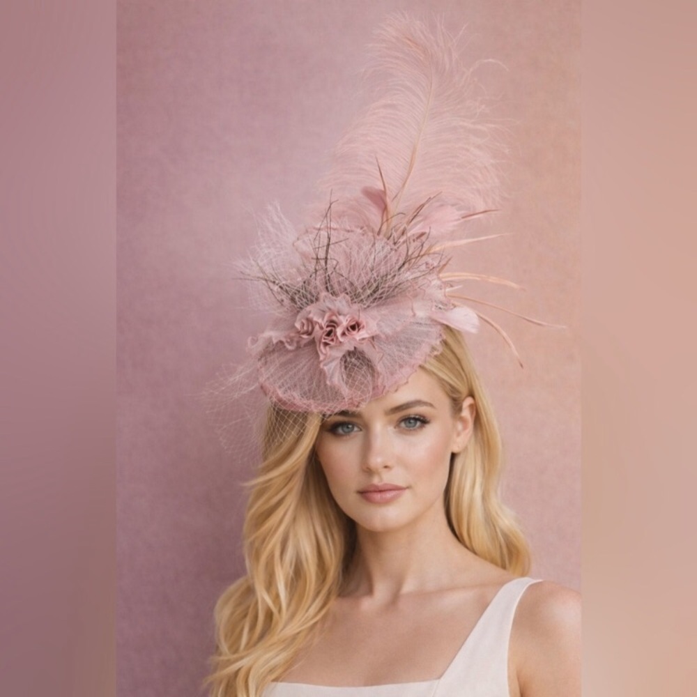 Kentucky Derby Hat KY Oaks Fascinator Pink Organza Feather Floral Statement